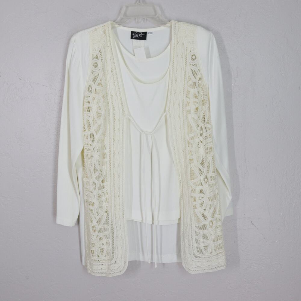 Vtg Wild Rose 3 pc Pant Suit 6 Ivory Jacket Tank Pangs Lace Tie Front Stretch